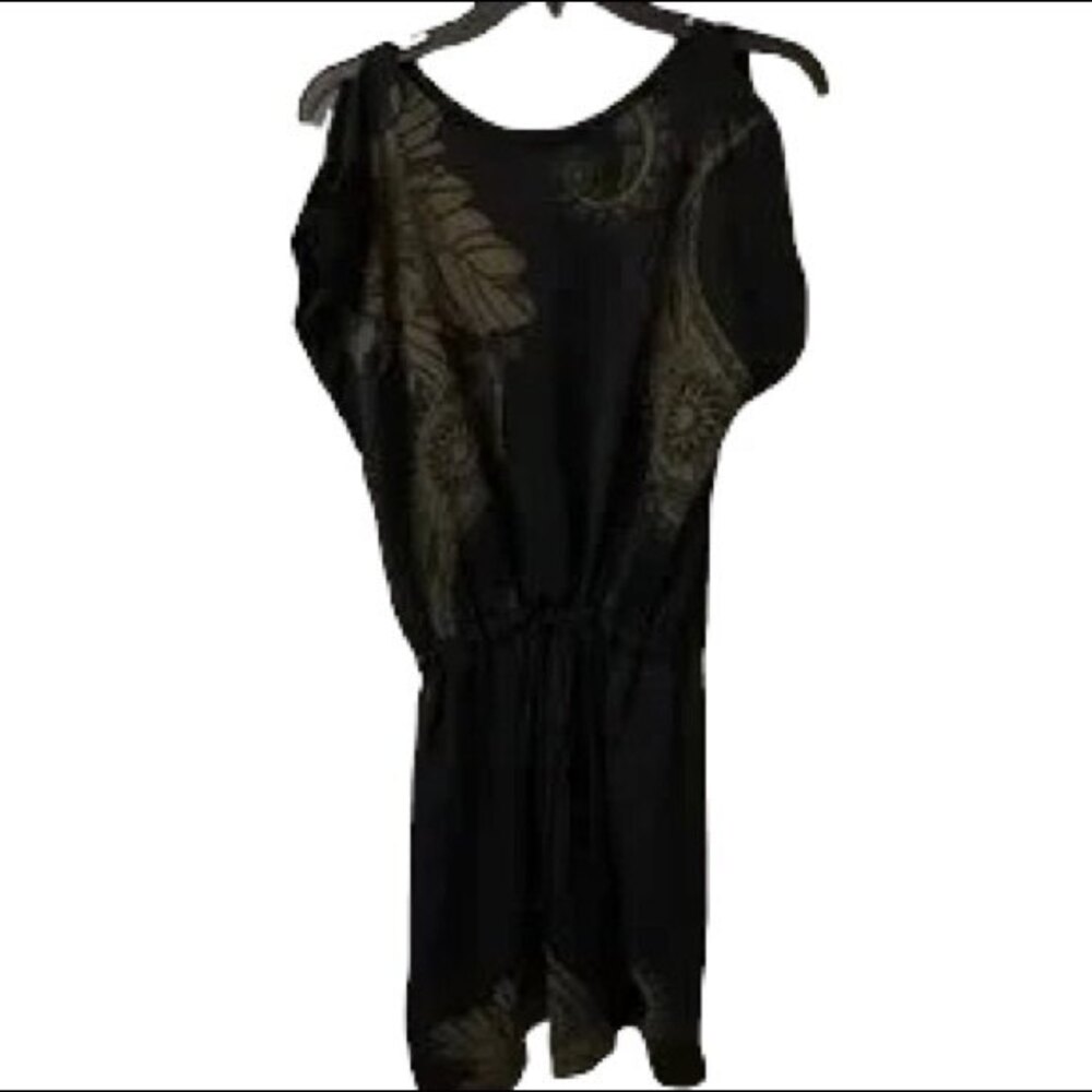 Kitty Dress Small S Black Gold Paisley Print Cold Shoulder Tie Waist Mini